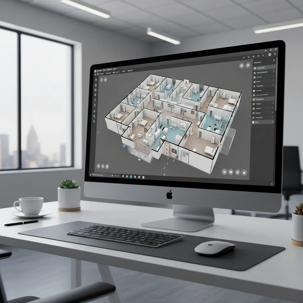 digital 3D hospital layout planning interface showing patient flow corridors and departments