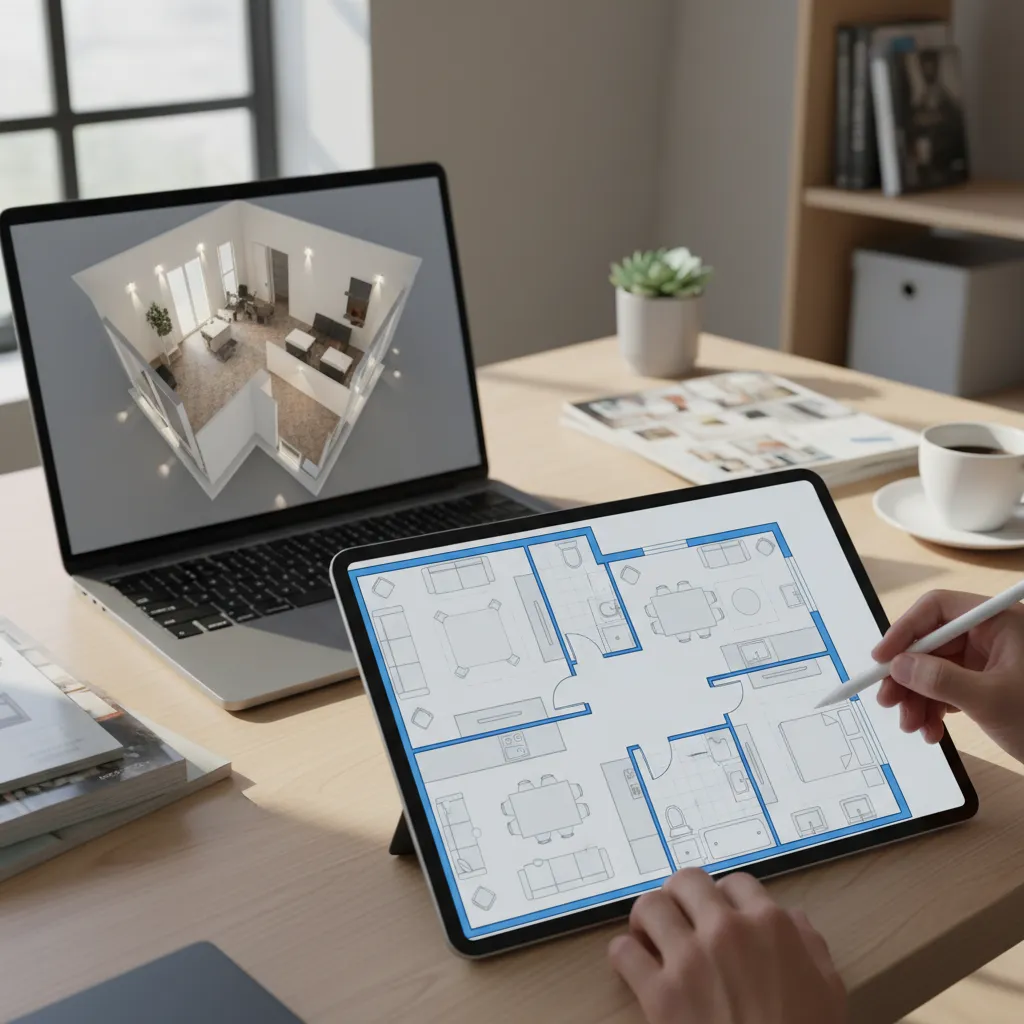 Person using tablet and pen to draw floor plan with 3D model shown on laptop