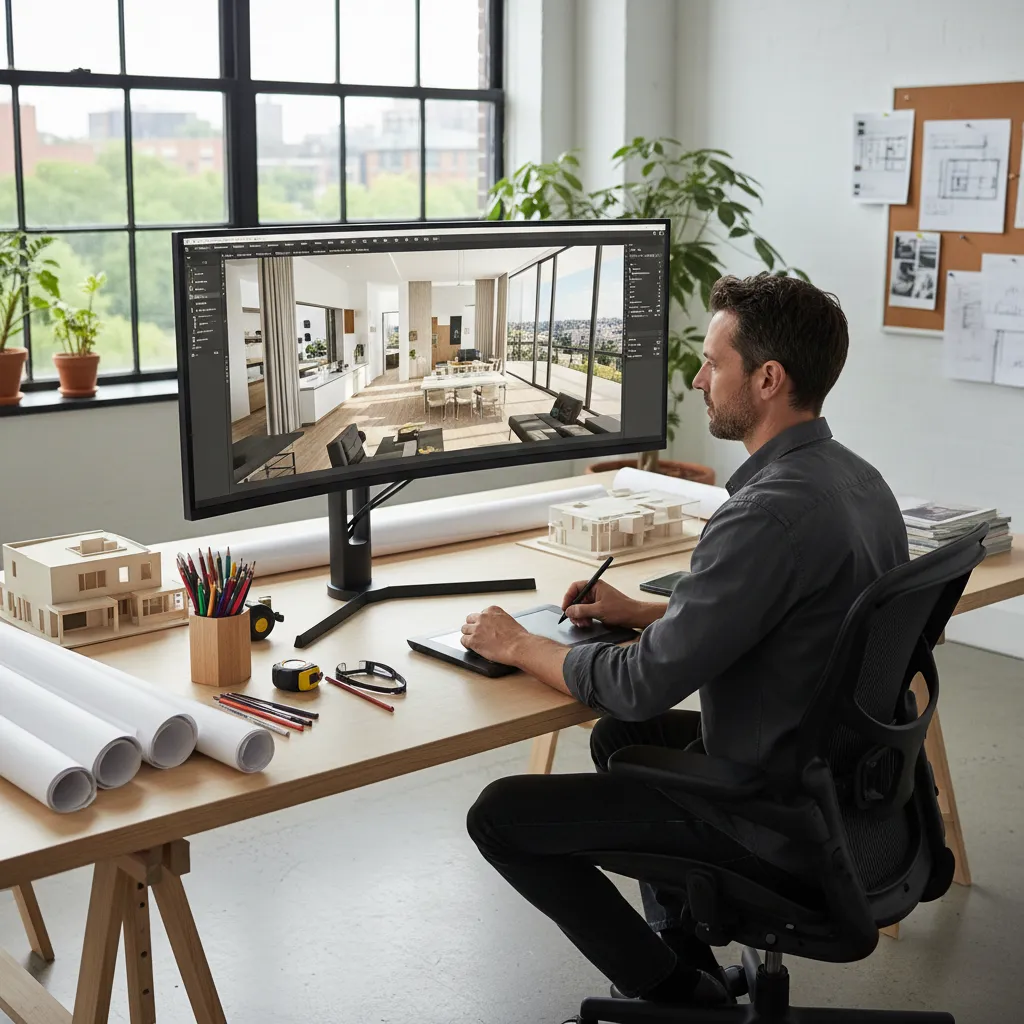 Man using a computer to design a modern open plan kitchen and living room layout