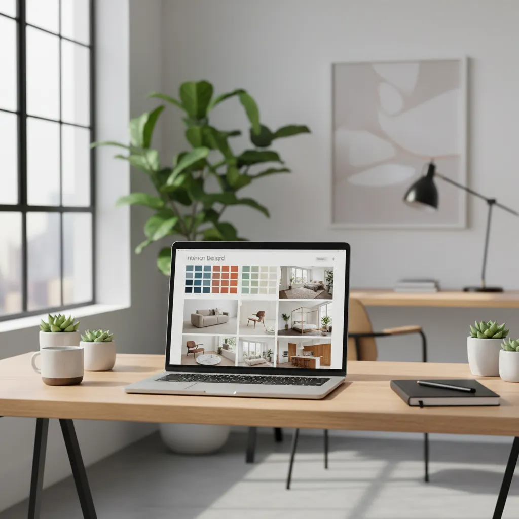 Laptop screen displaying interior design inspiration board and mood board images