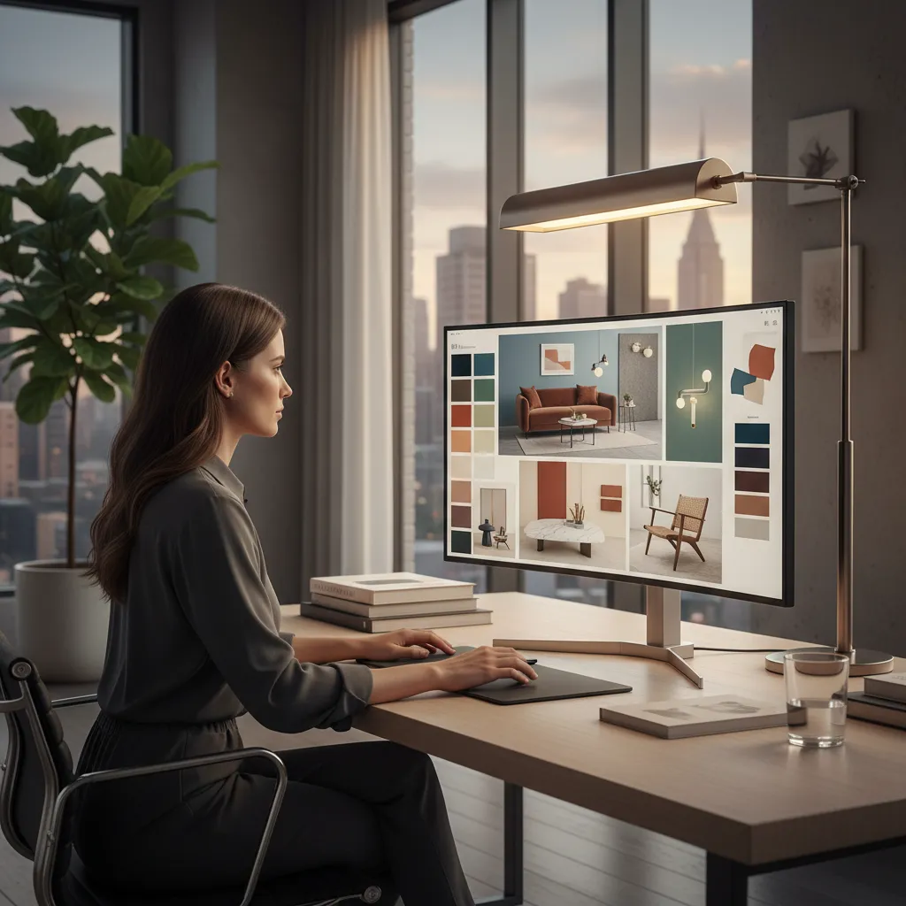 Woman using computer to design room layout with brown sofa chair and colorful material samples