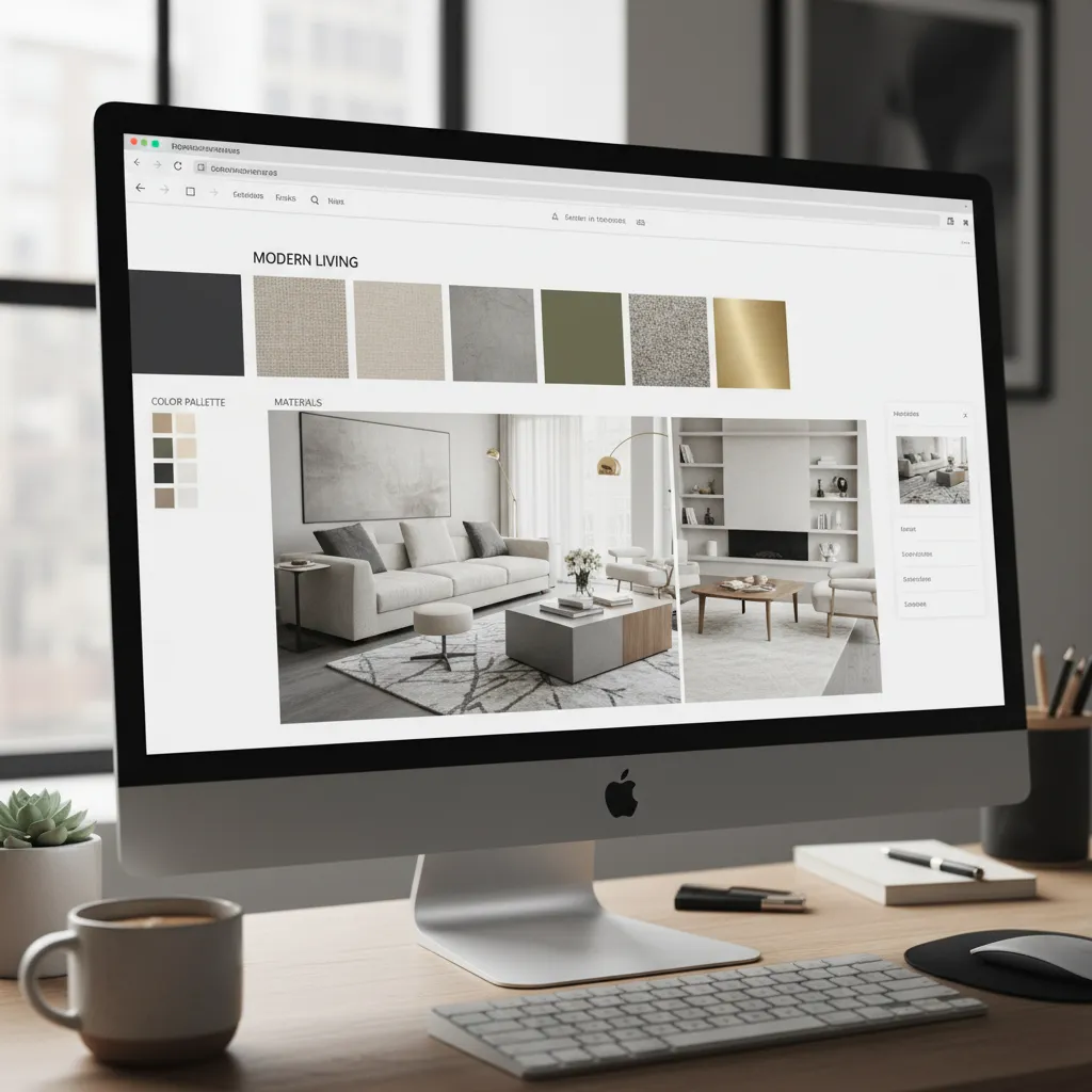Coohom digital mood board editor showing various colors and modern living room interior design drawings
