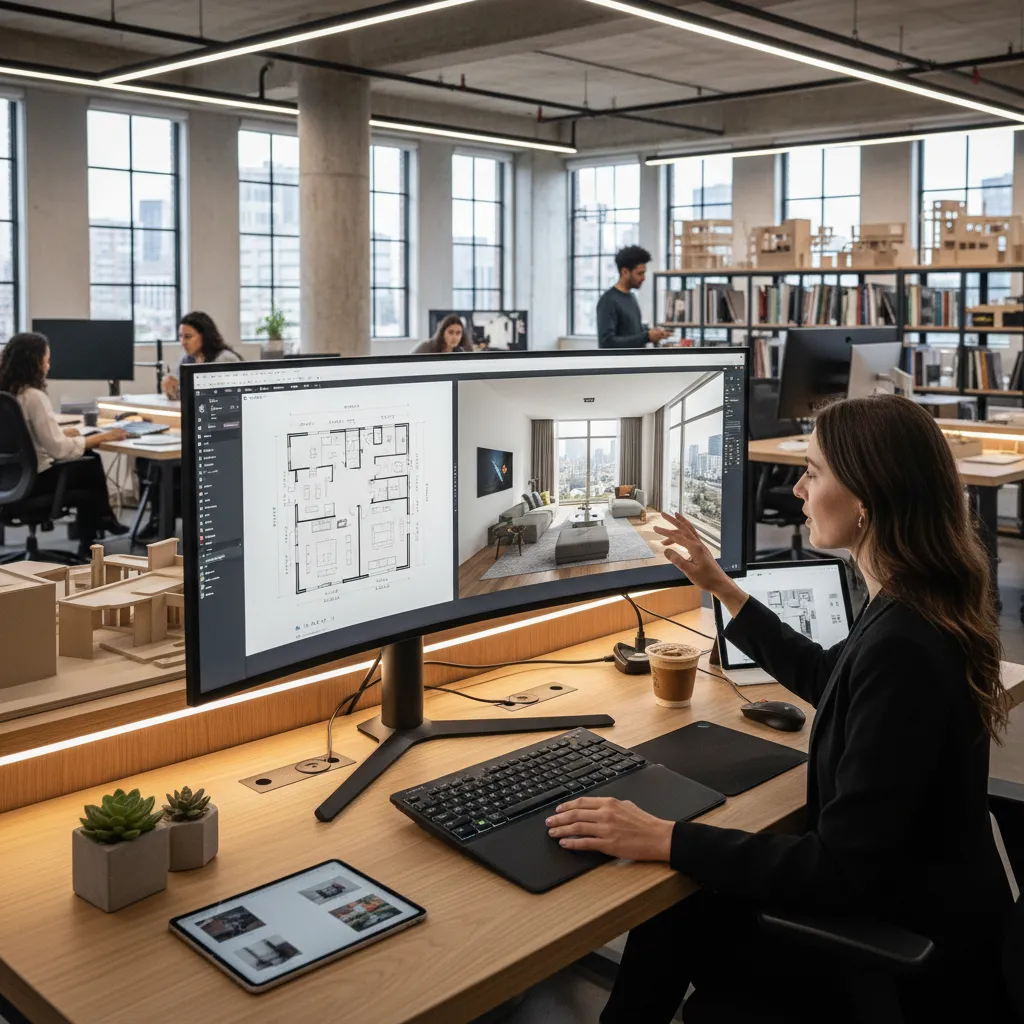 Diseñador utilizando software 3D para planificar un espacio interior