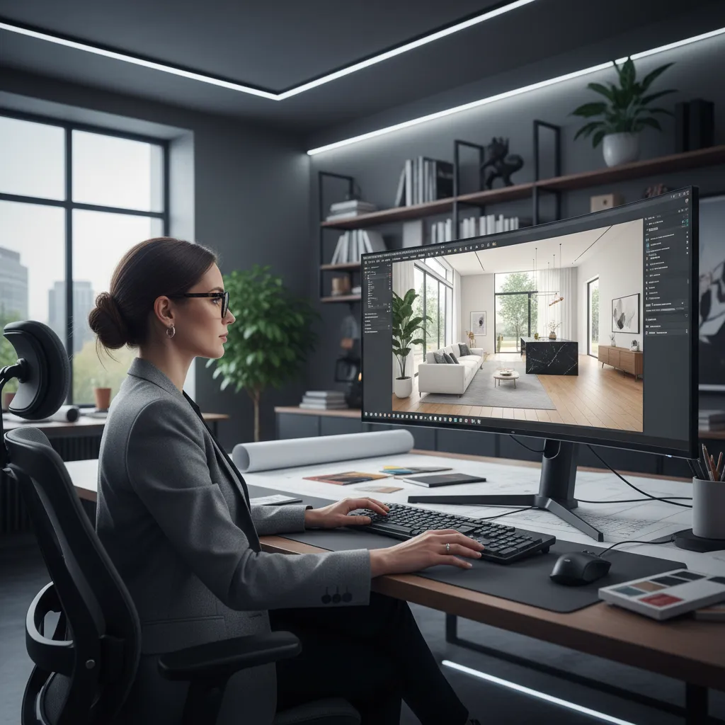 Diseñador trabajando en un modelo 3D del interior de una casa