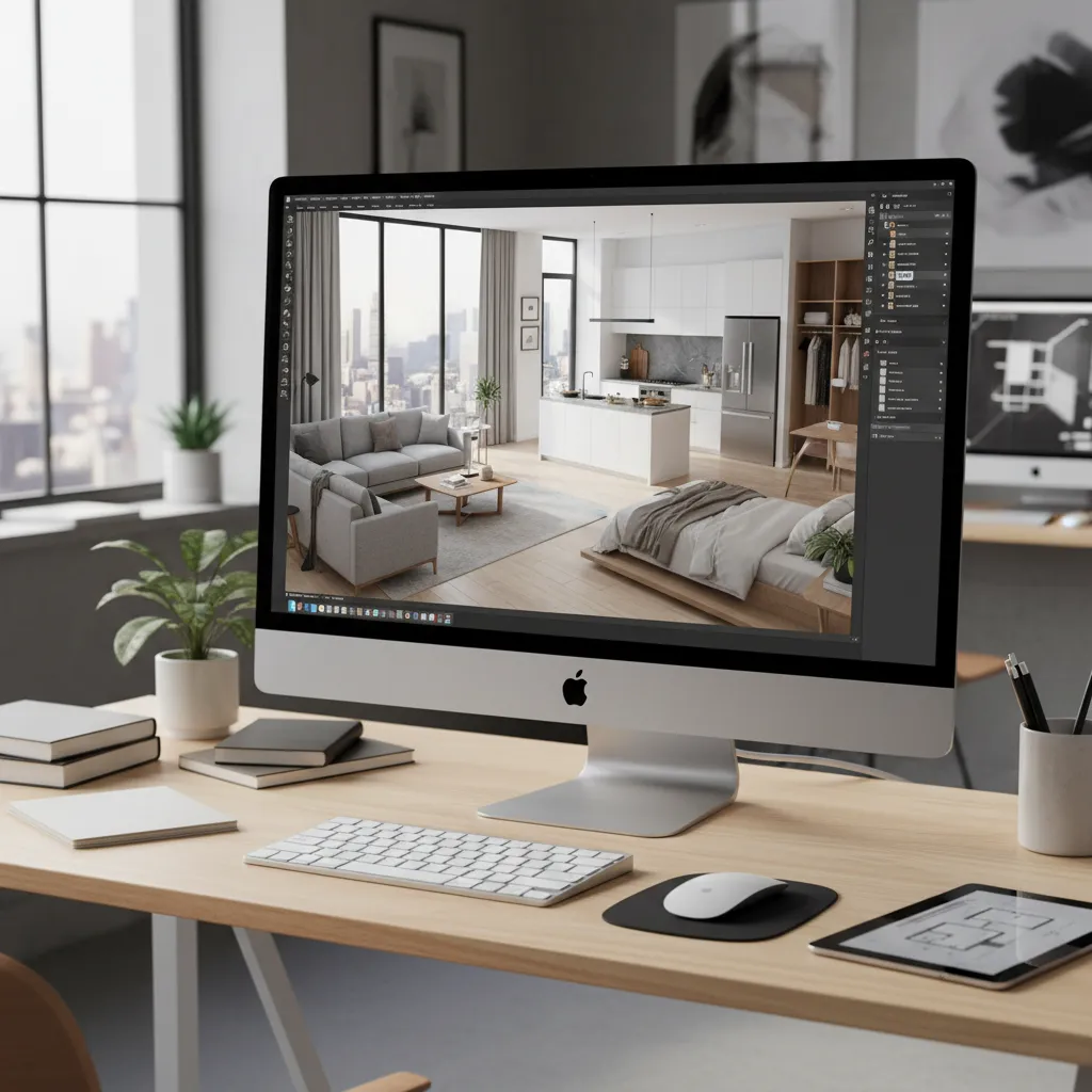 Visualización digital de diseño interior en una pantalla de ordenador