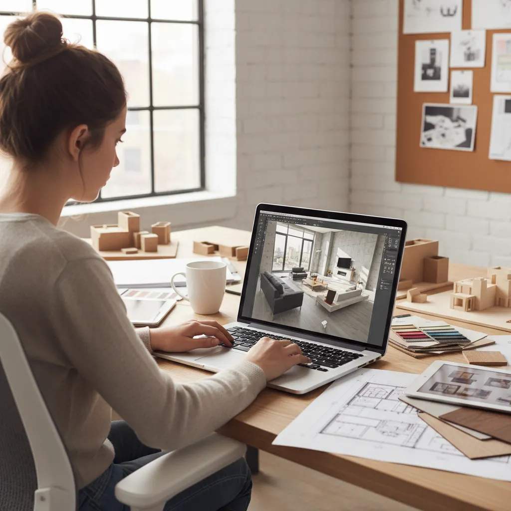 Estudiante creando distribución de espacio en software de diseño