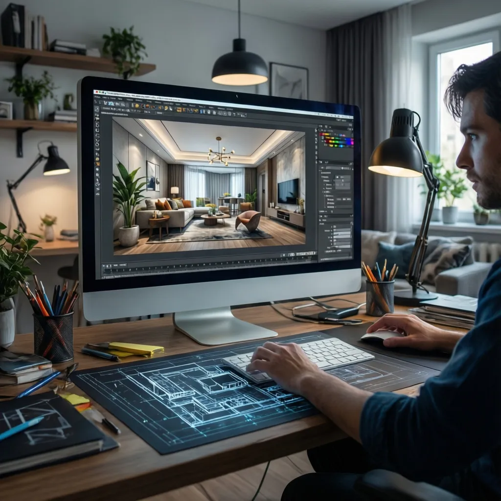 Diseñador de interiores trabajando en planificación digital de un apartamento