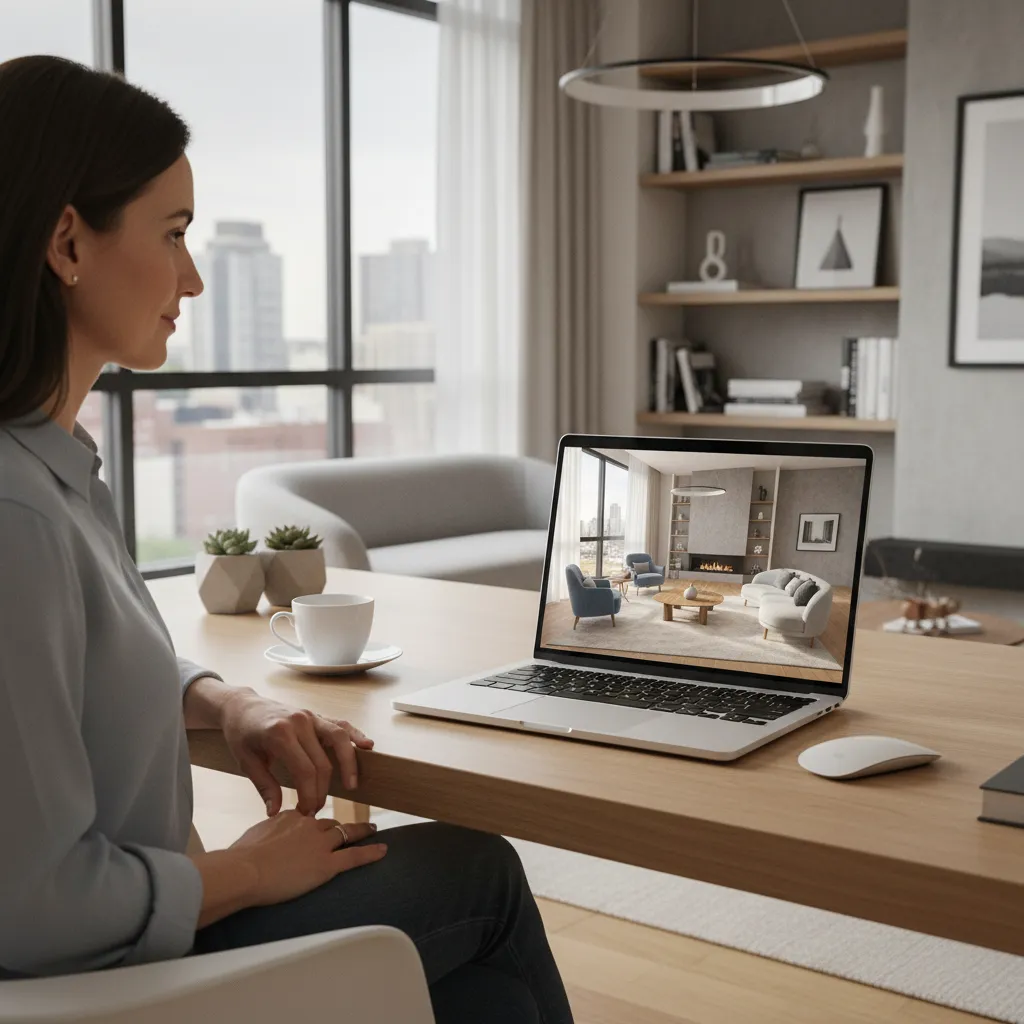 Woman sitting at wooden desk looking at interior design drawing on laptop in bright office