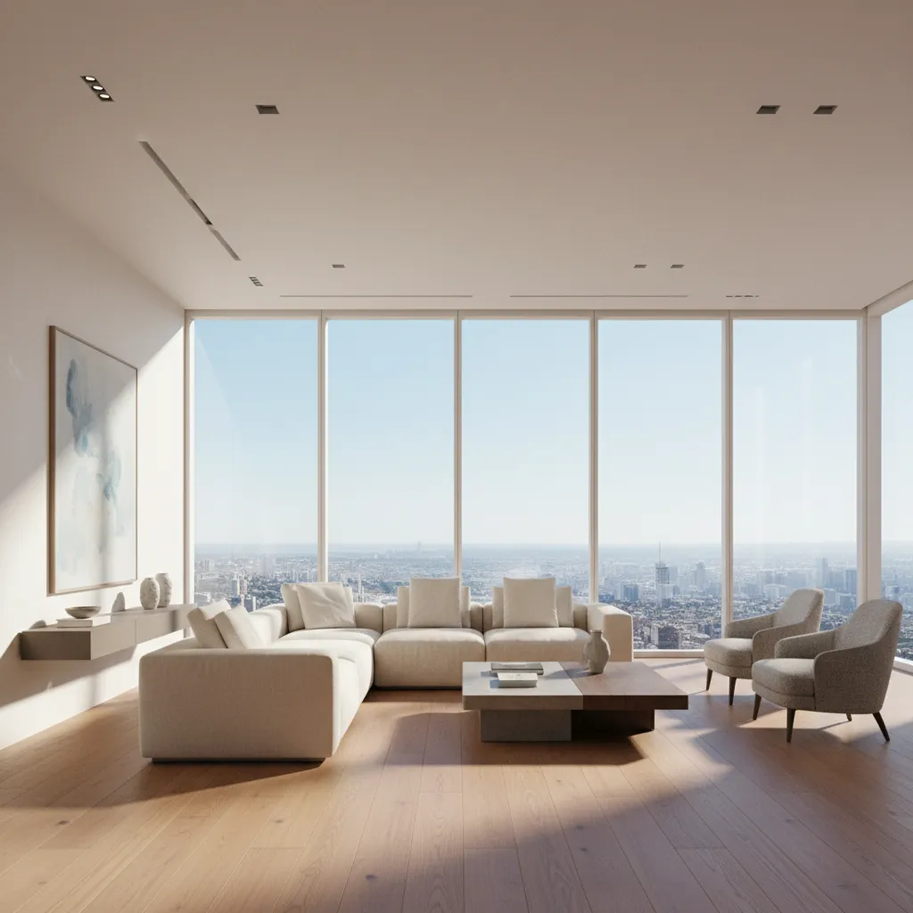 Render interior moderno generado digitalmente con iluminación natural