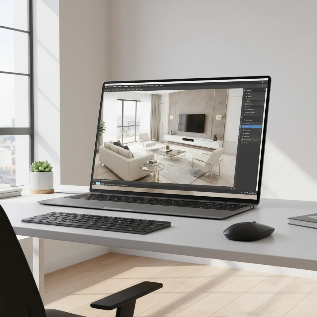 Laptop displaying 3D room layout created with free interior design software