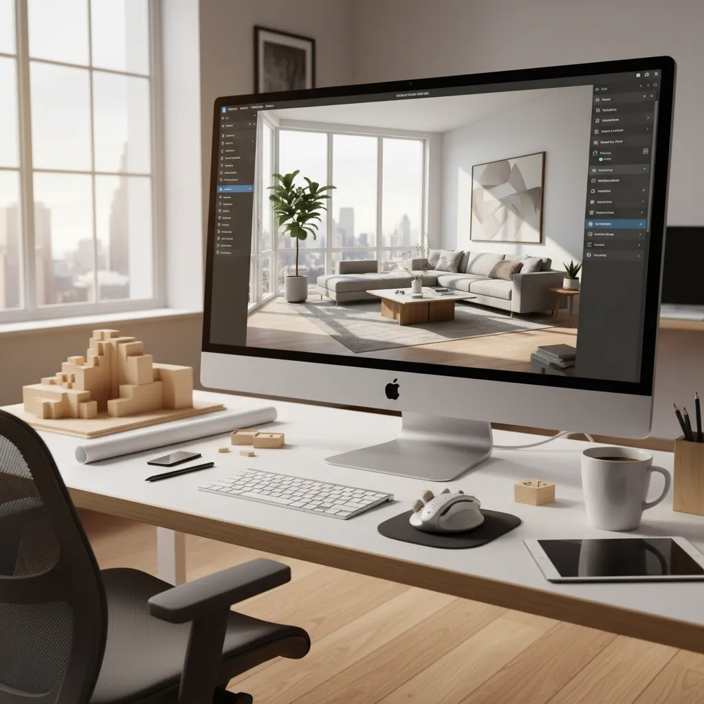 Simulación digital de diseño interior en pantalla de ordenador