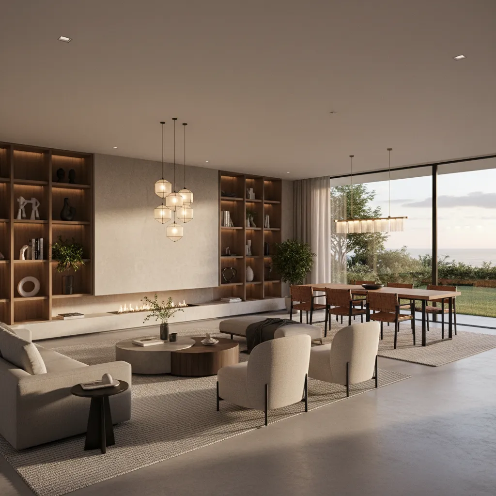 Large modern living room with grey sofa dining table ceiling lights wooden shelves and windows