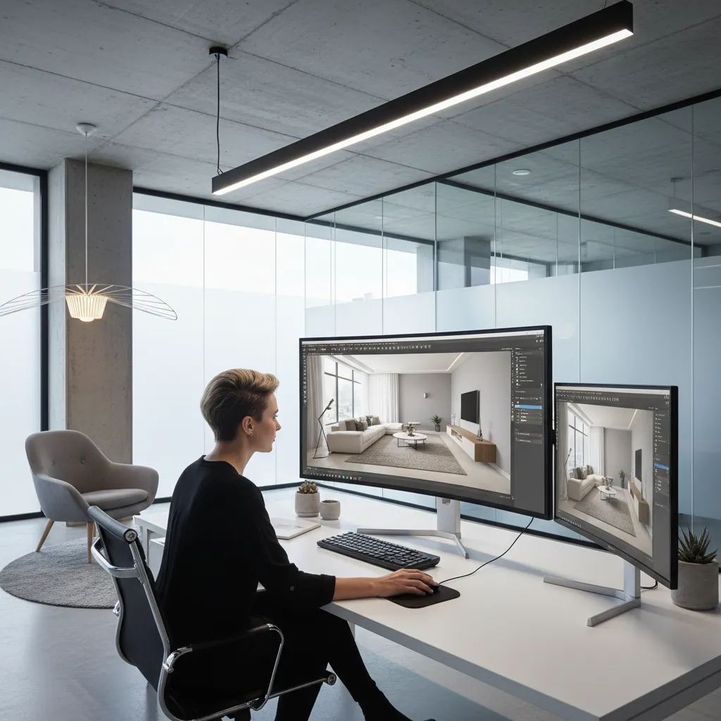 Designer at white desk using two monitors showing a modern living room interior design drawing
