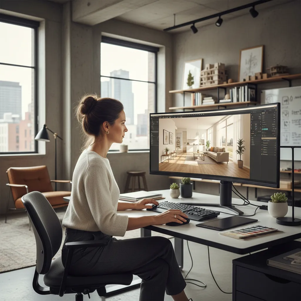 Designer using interior design software on a wide computer monitor in a bright modern office