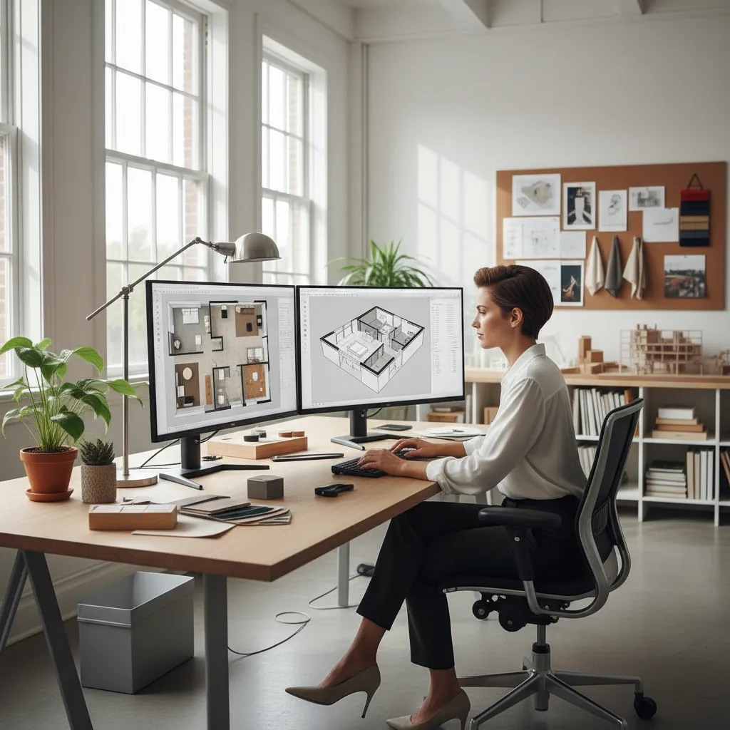 Diseñador usando software para planificar interiores