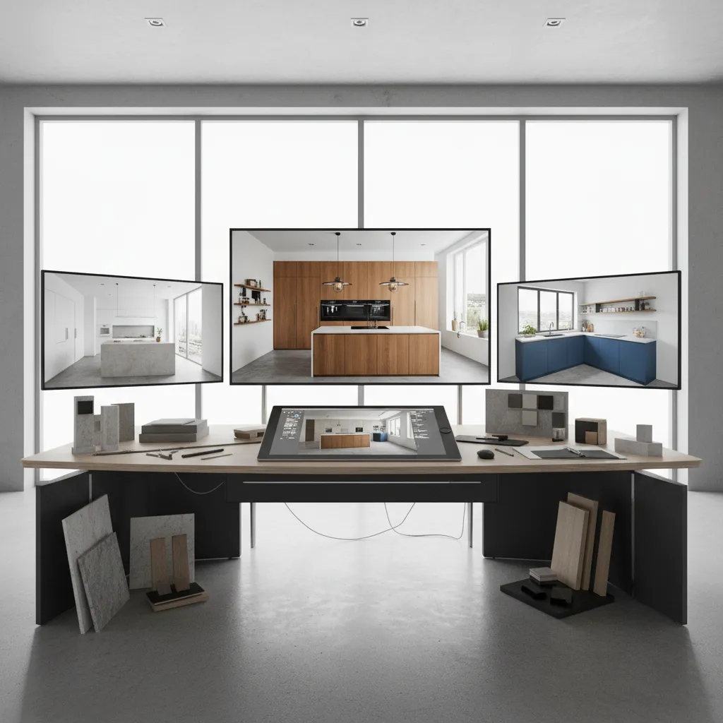 Multiple kitchen layout variations displayed on design software screens