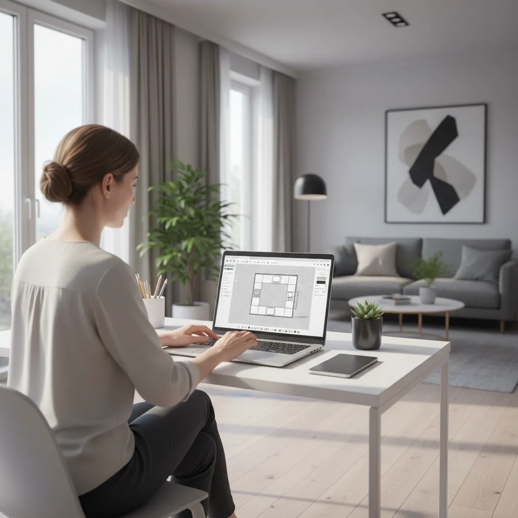 homeowner planning kitchen layout on laptop with floor plan visible