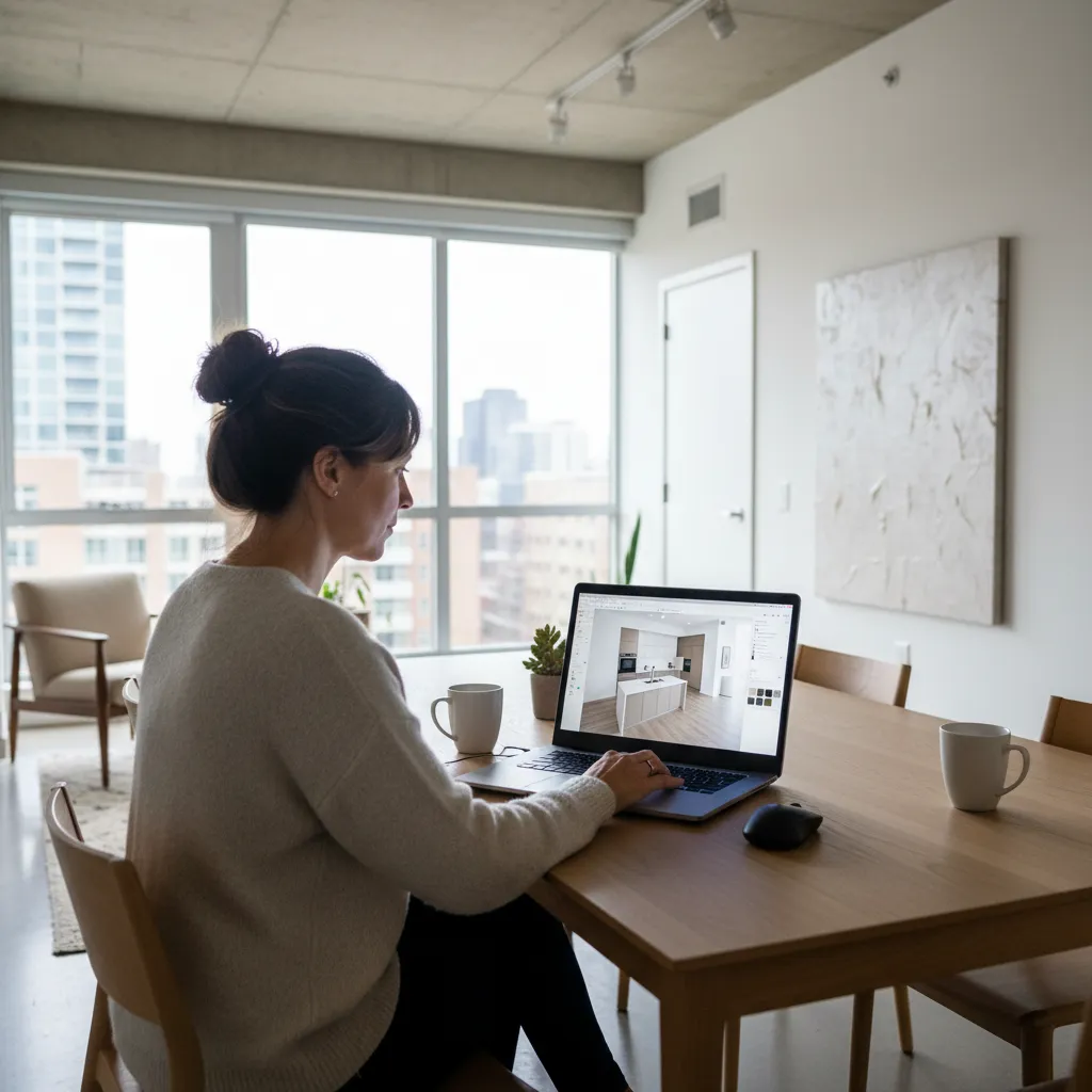 homeowner planning kitchen layout using online kitchen design software on laptop