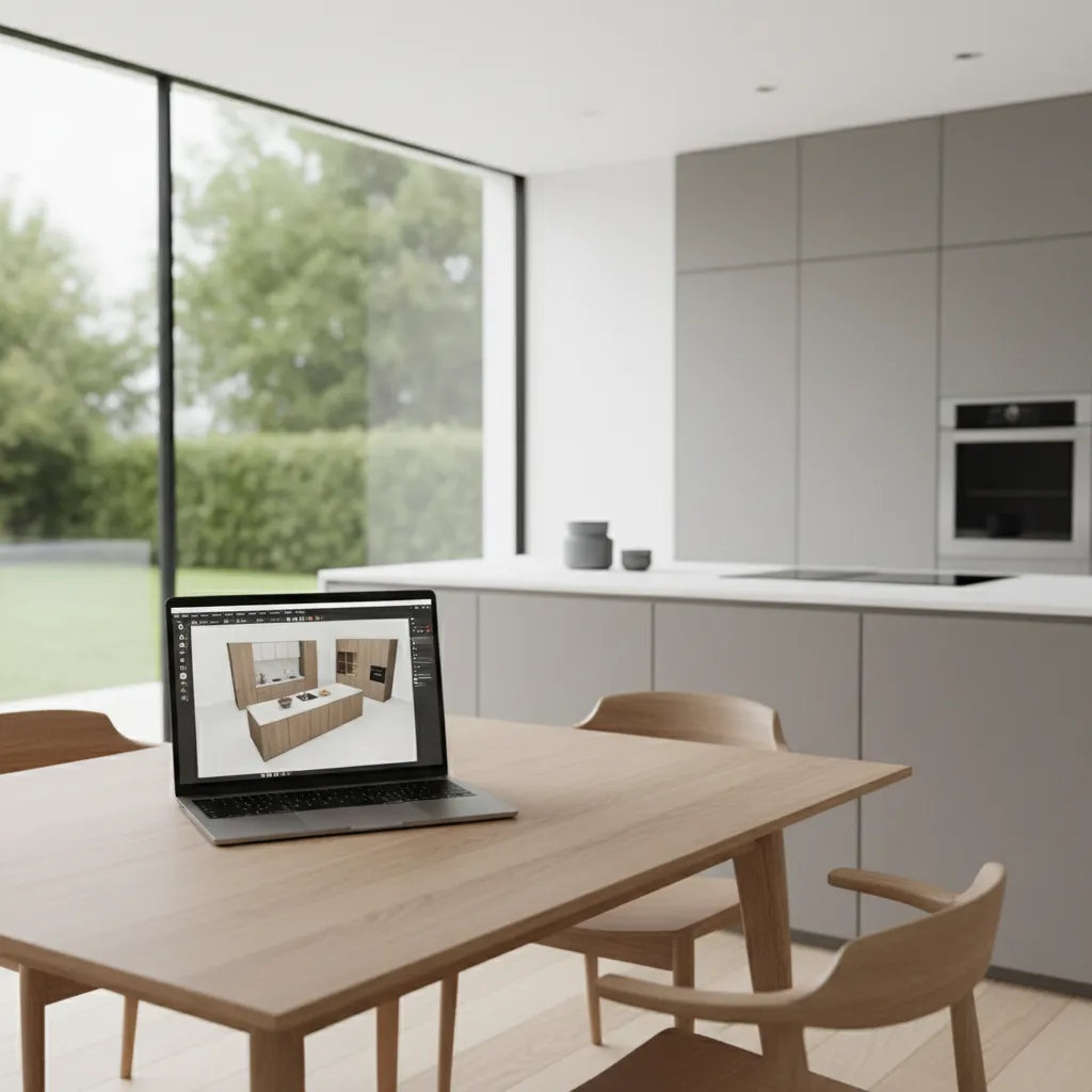 Homeowner planning kitchen layout using online kitchen design software on laptop