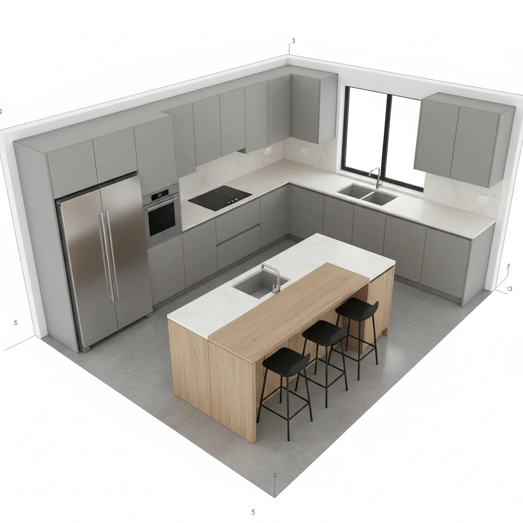 3D kitchen layout planning with cabinets island and appliances
