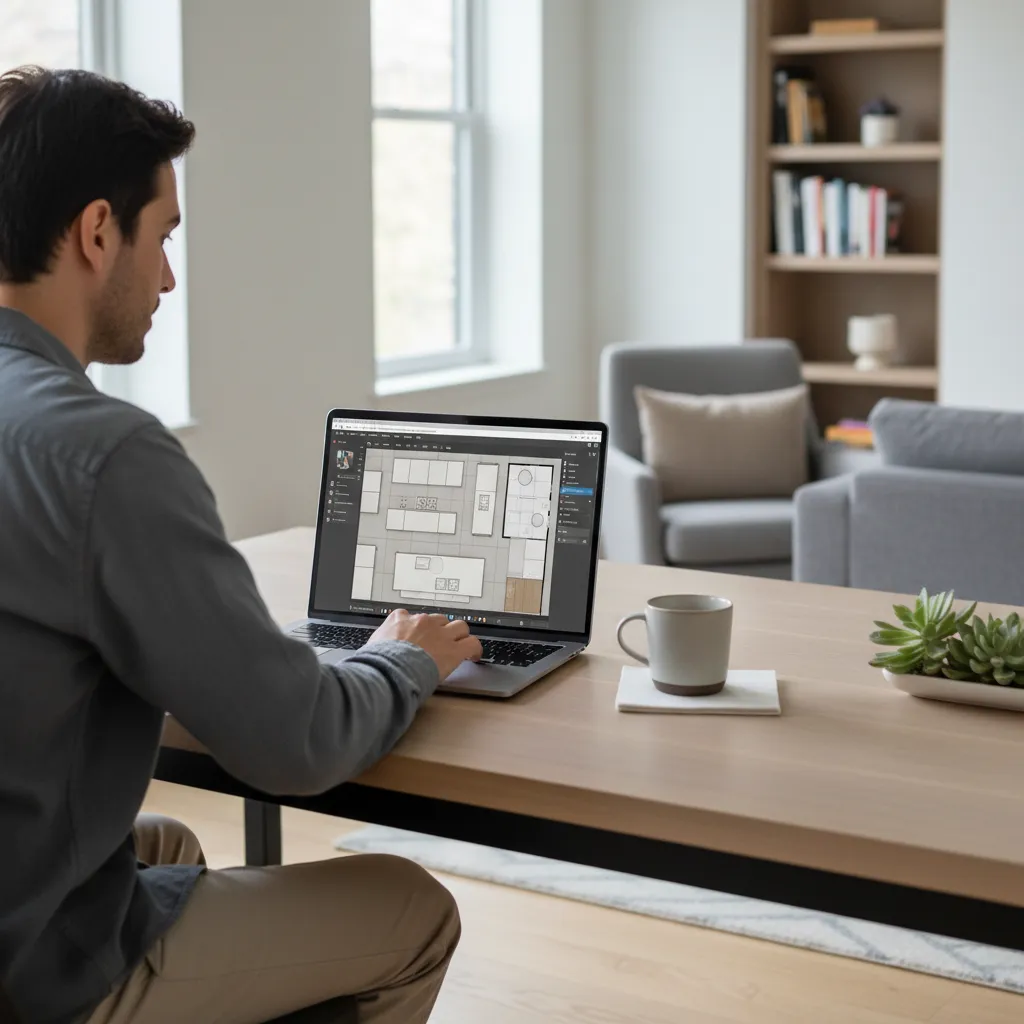 Homeowner using a kitchen remodel design tool to test kitchen layouts on a laptop