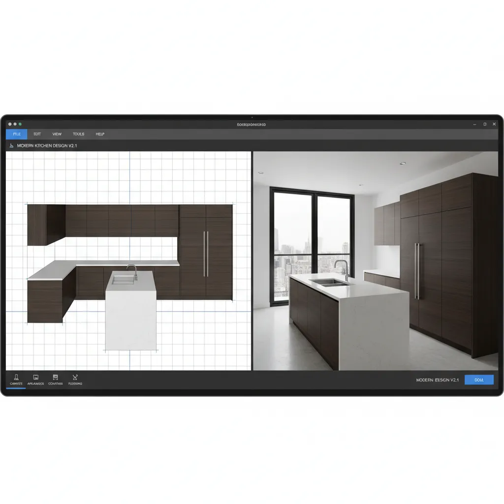 3D kitchen layout planning interface showing cabinets island and appliances