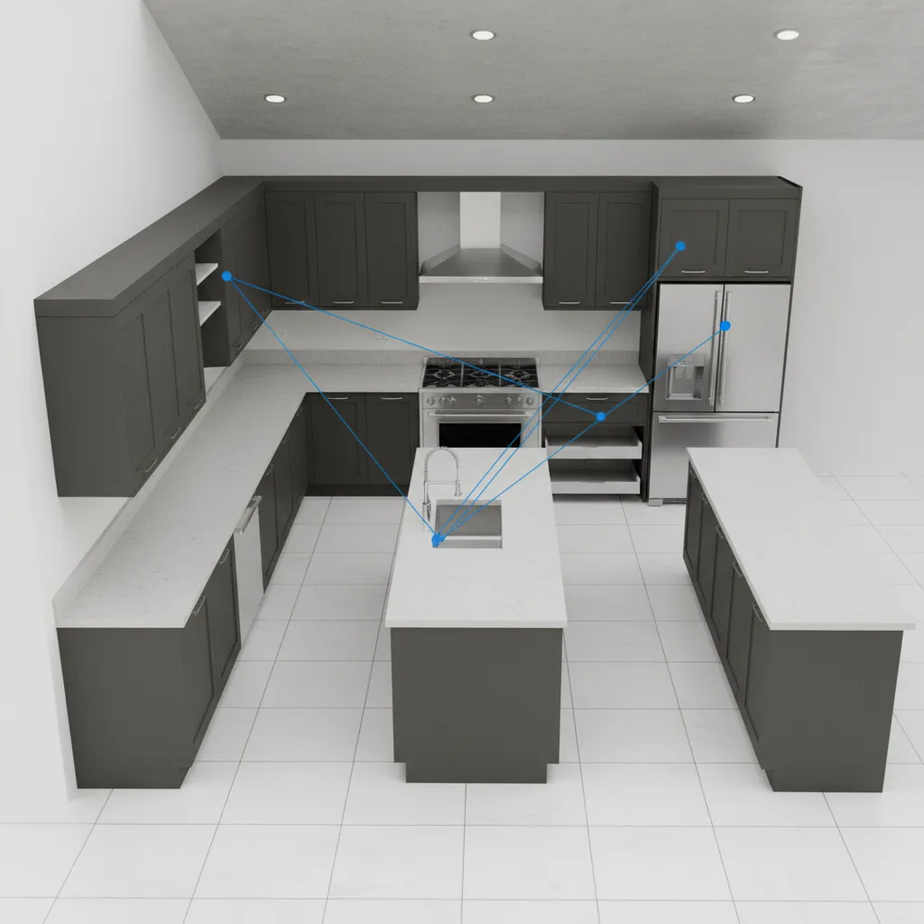 Top view kitchen floor plan showing appliance placement and workflow triangle