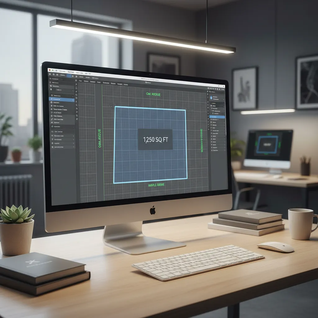 Digital floor planning software showing land boundary layout and area calculation