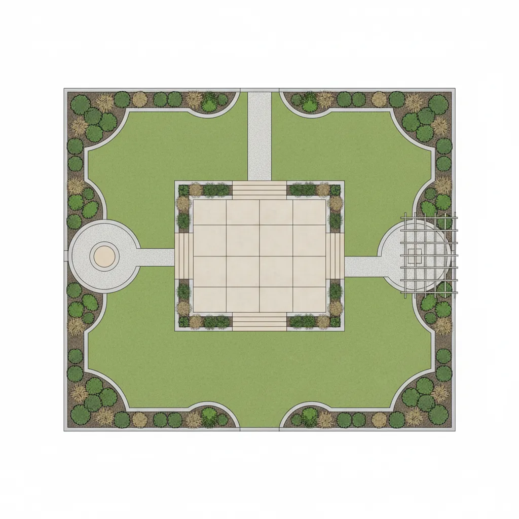 2D digital landscape design layout showing patio pathways and planting zones