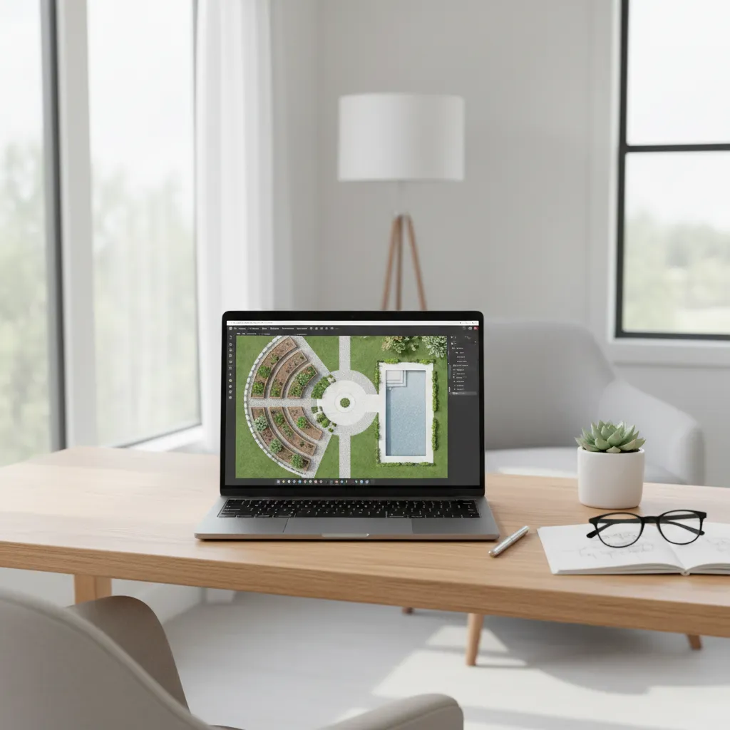 Laptop showing a landscape design planner with yard layout and garden beds
