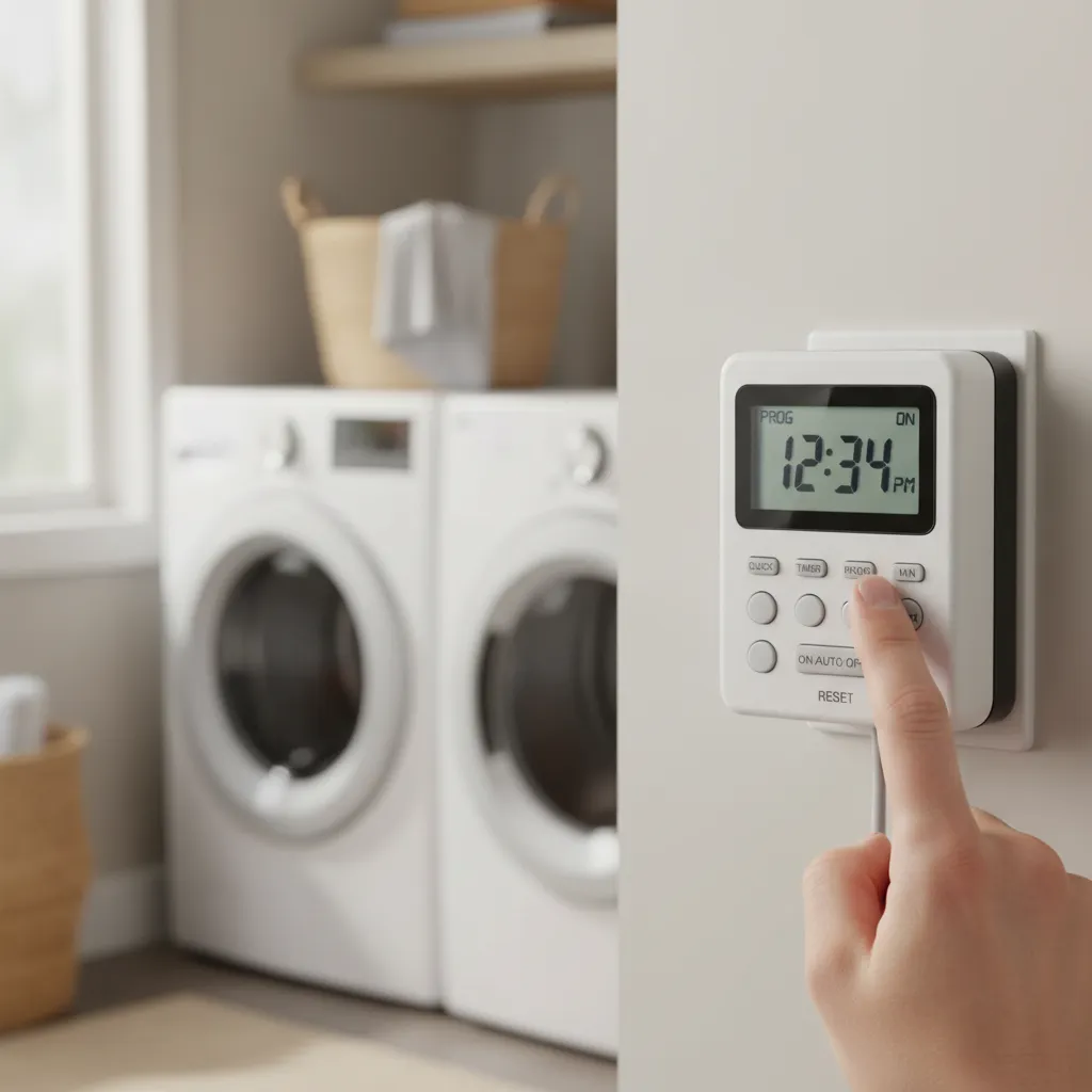 Hand programming a digital outlet timer for laundry machine schedule