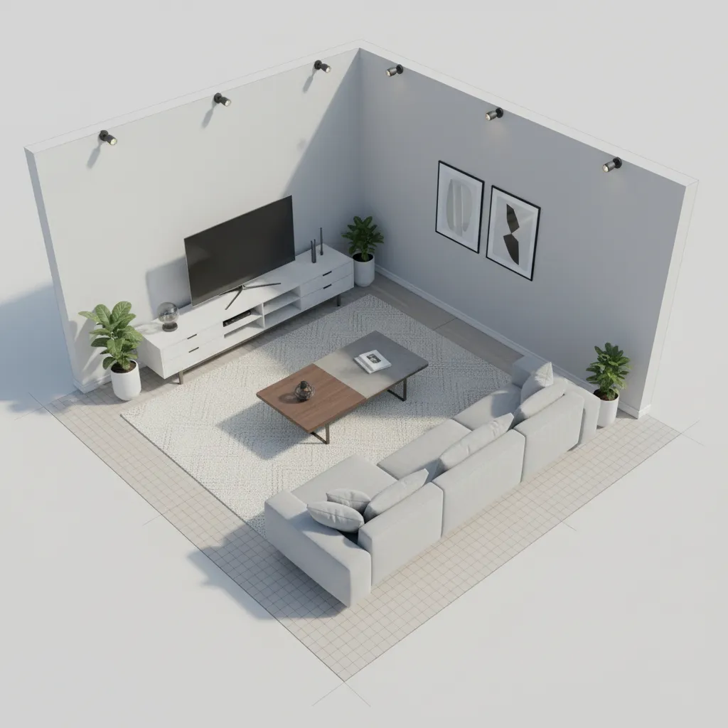 3D digital living room layout showing furniture arrangement in a room planner