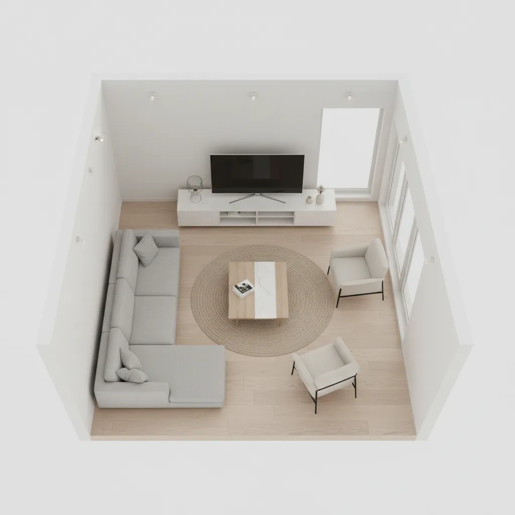 Digital 3D living room layout with sofa coffee table and TV placement
