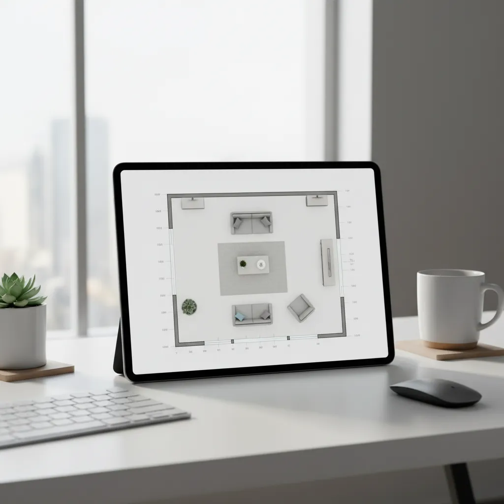 Interior designer using a digital room planner to test living room layouts