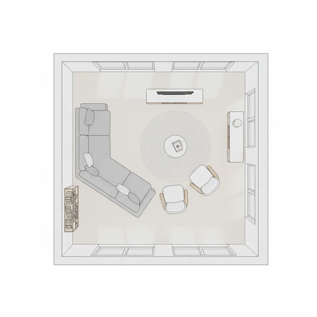 digital floor plan showing diagonal furniture arrangement in living room