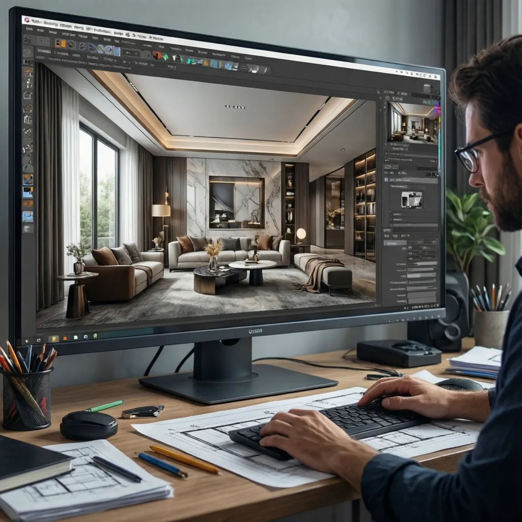 Designer using computer to create the interior design drawing of a modern luxury living room