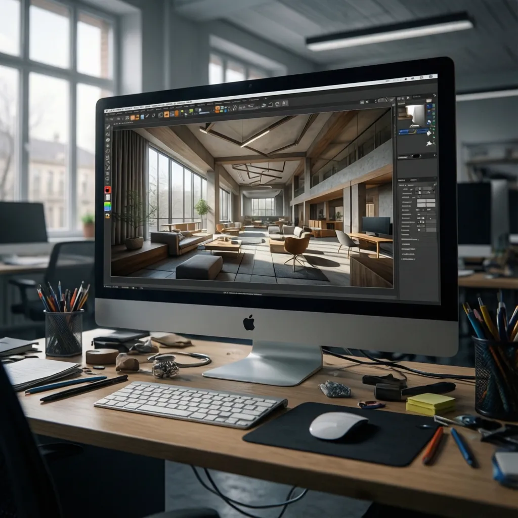 Digital media student building a 3D interior visualization project on computer