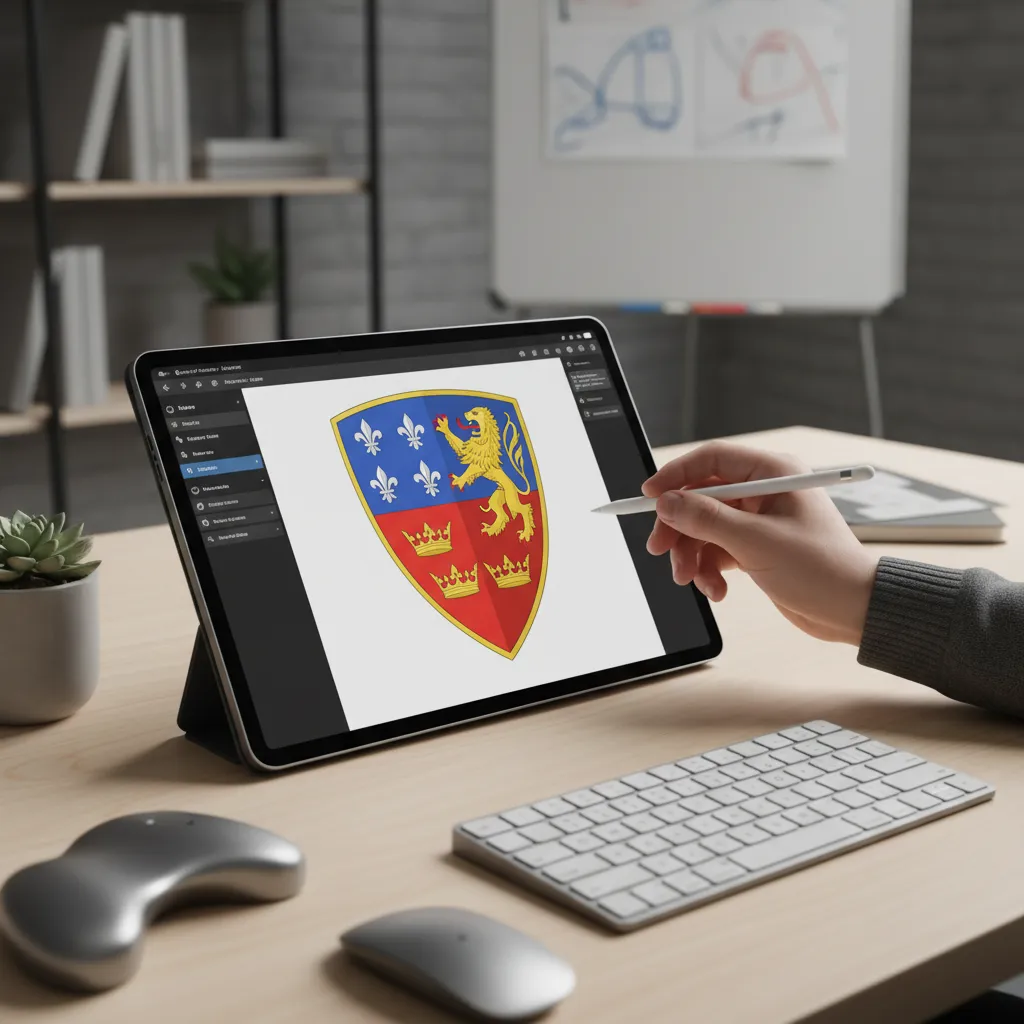 Diseño digital de escudo medieval en una tableta o computadora