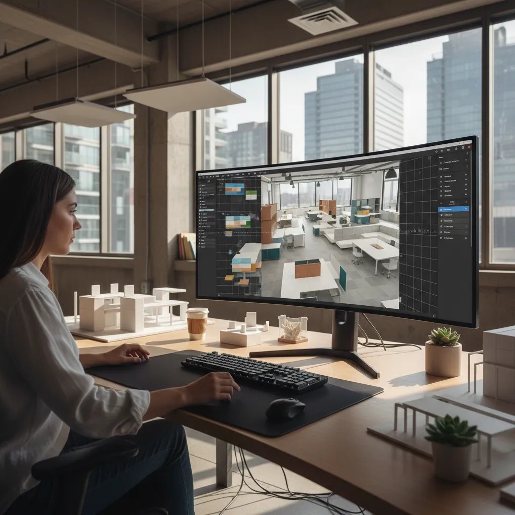 Female designer working on a computer screen showing a 3D office room layout design software