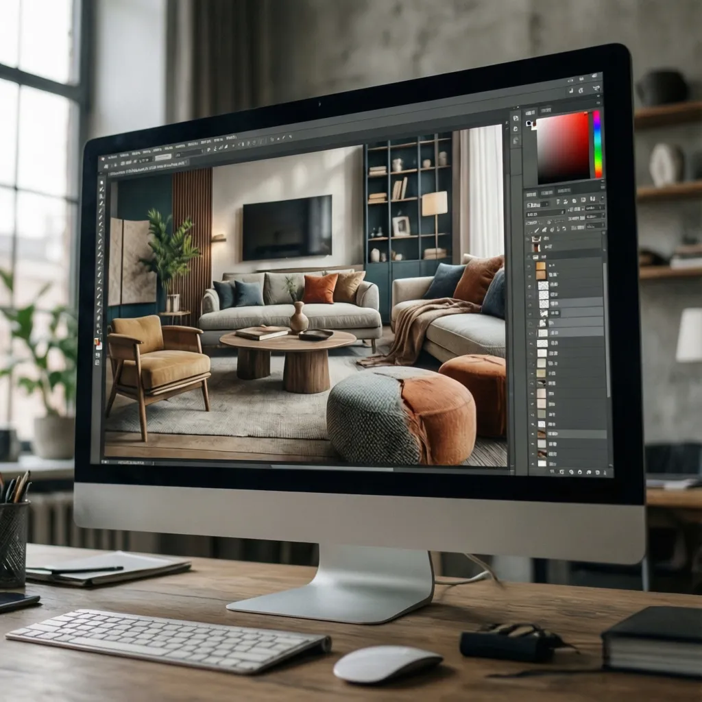 Moodboard digital de interiorismo en una pantalla de ordenador