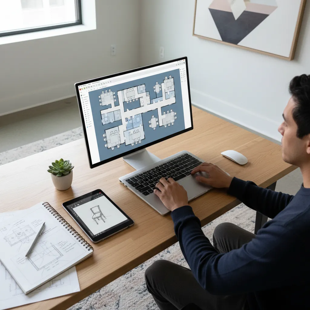 designer using office floor plan creator software on laptop