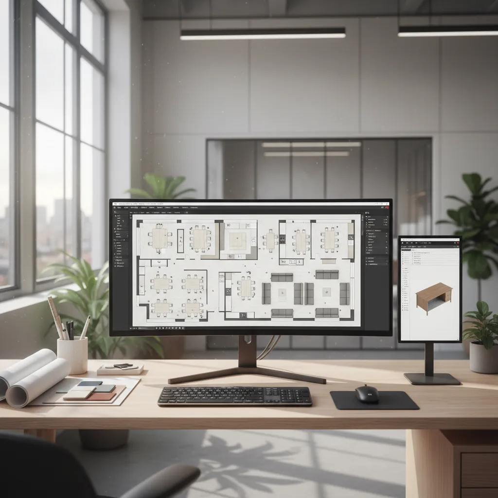 Designer creating an office layout using an online floor plan tool on a large monitor