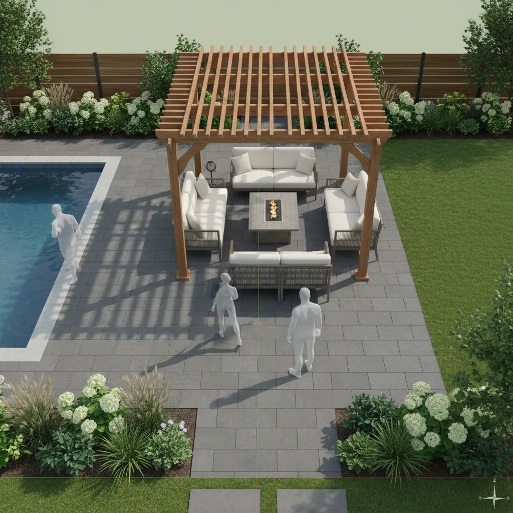 3D model of backyard patio with seating layout and paving pattern