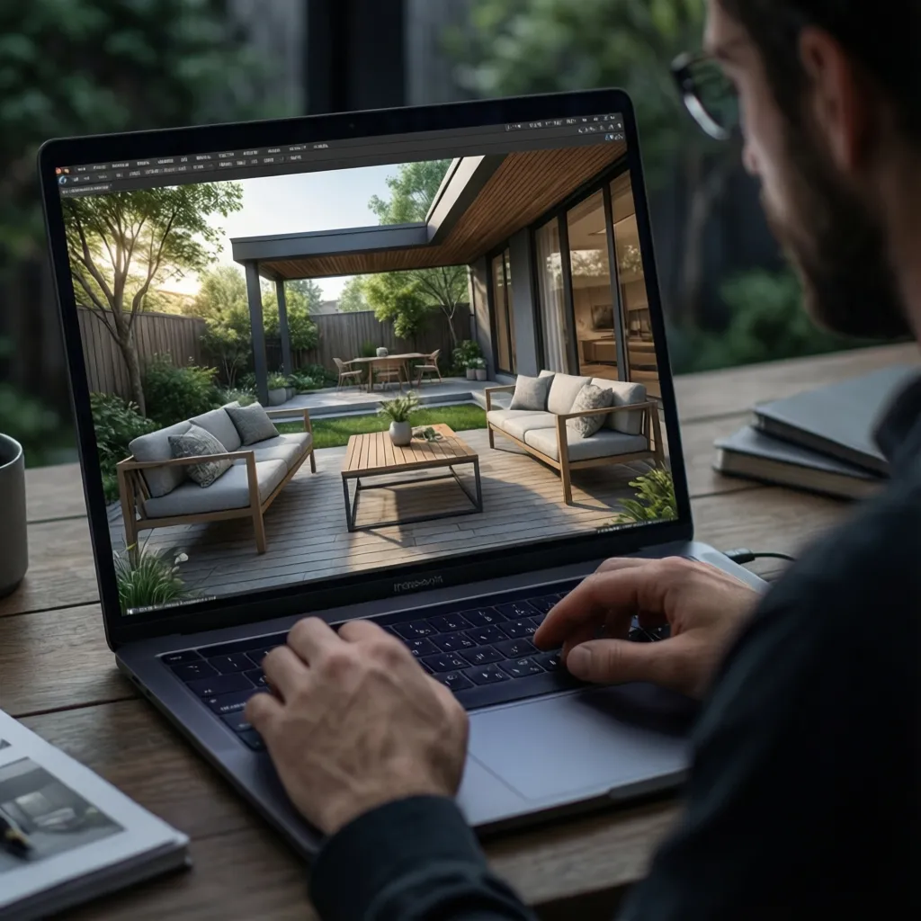 3D patio design visualization displayed on a laptop during planning