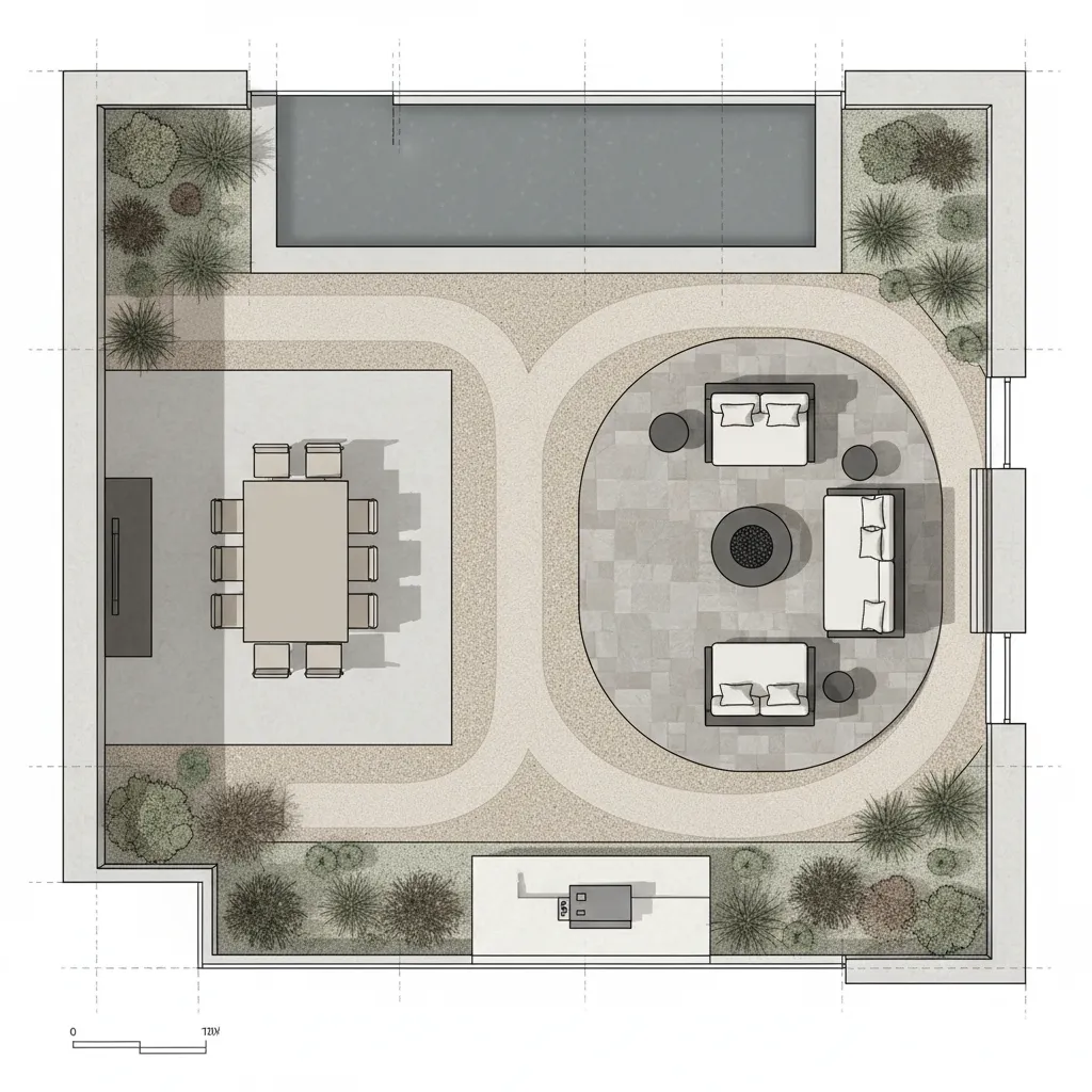 top-down patio layout planning diagram with zones and pathways