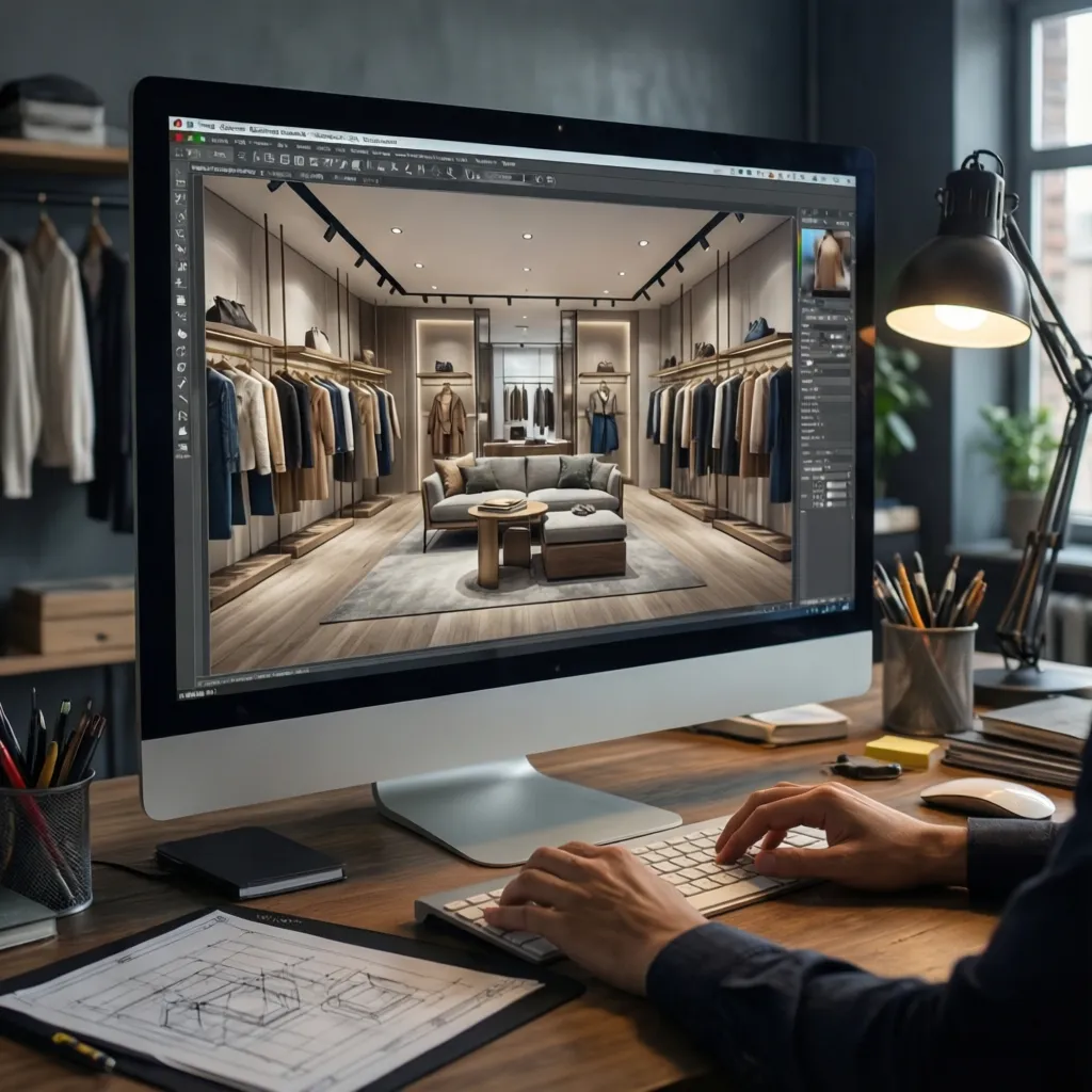 Diseñador trabajando con software 3D para planificar una tienda