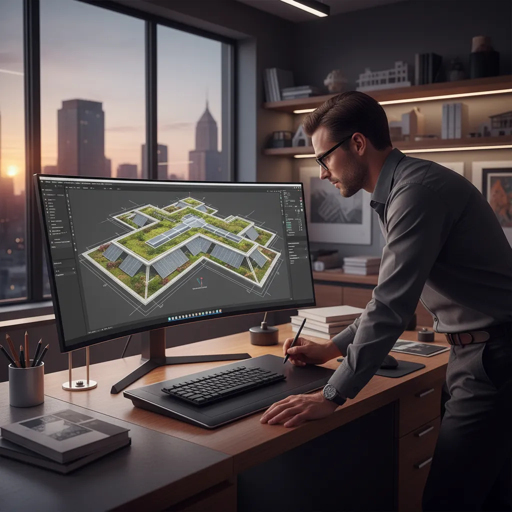 Architect reviewing a digital roof layout model on a computer