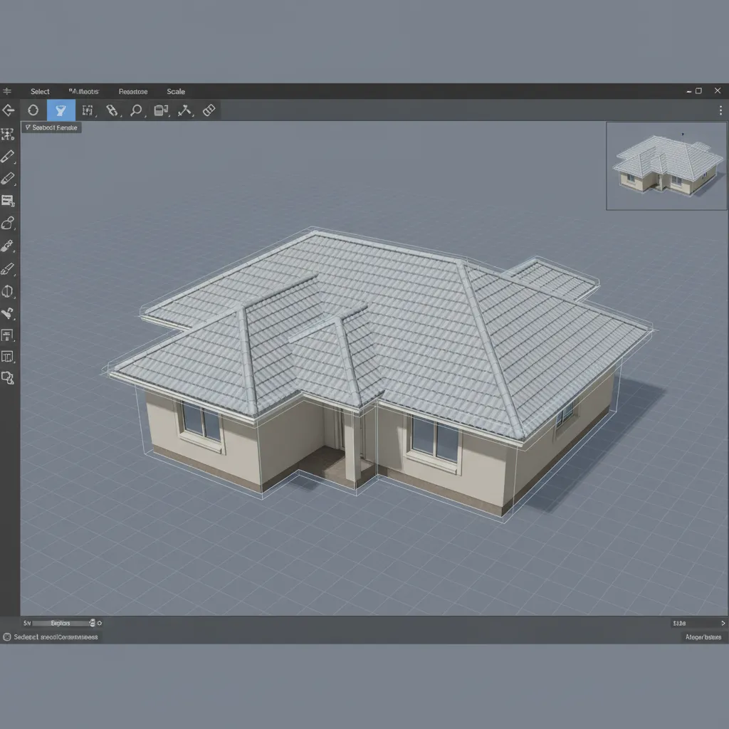 Coohom 3D design software showing a house model with grey roof tiles and beige walls