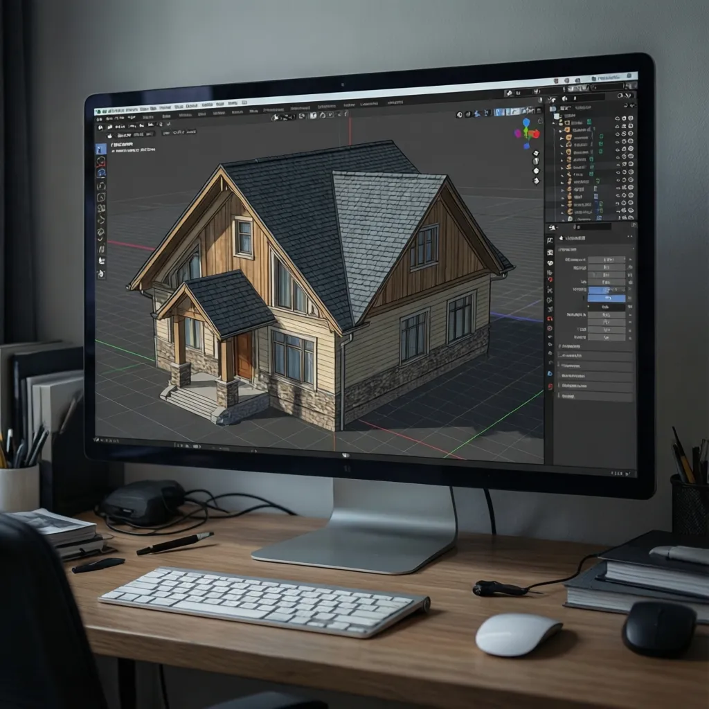 Online roof modeling software displaying a detailed 3D residential roof structure