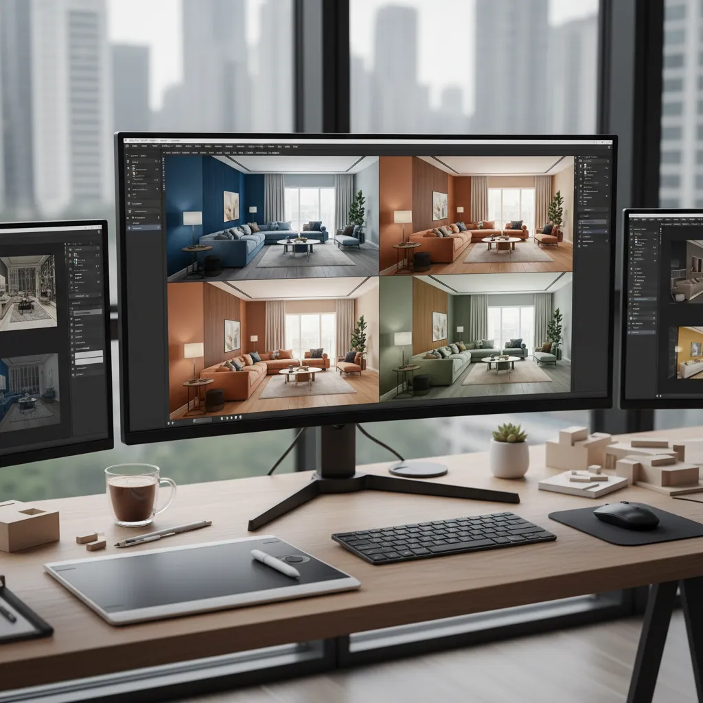 Visualización digital de colores en un diseño de habitación